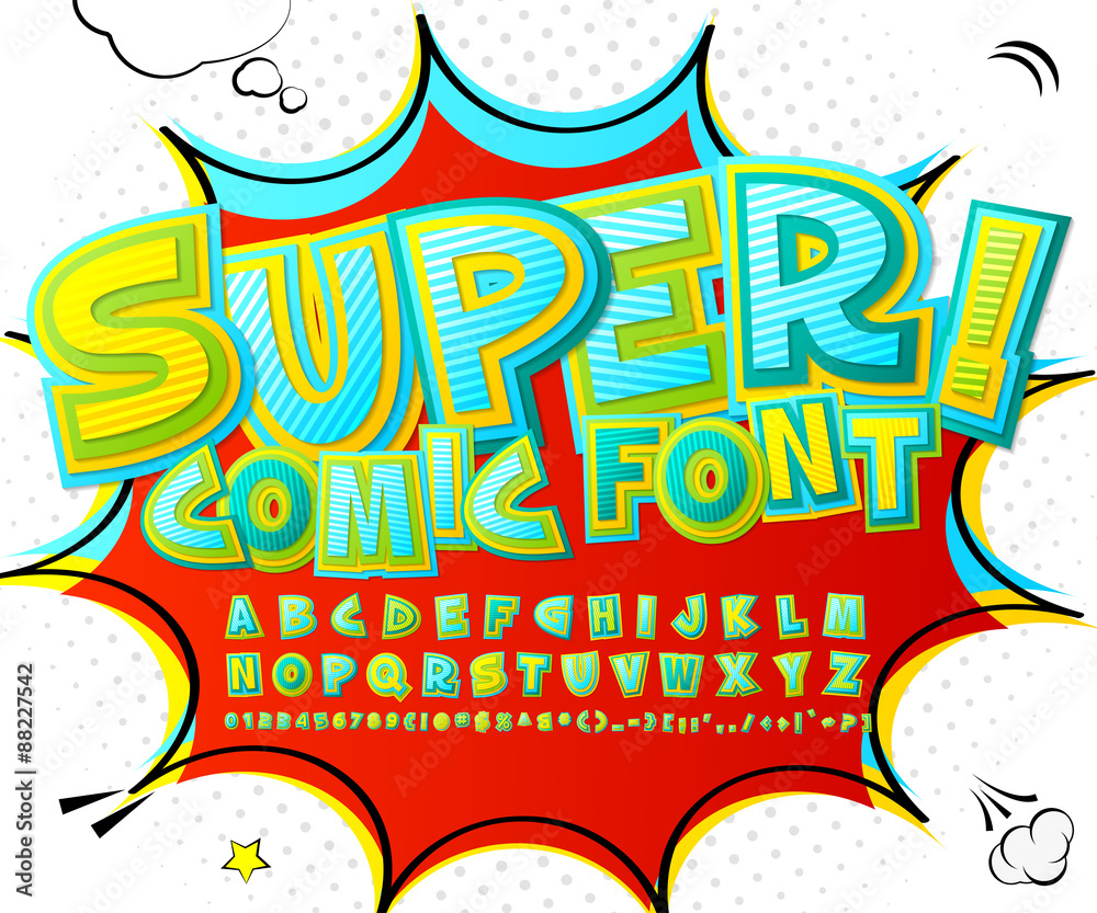 Stylish comic font in yellow, blue and green colors. Stylish comic font in yellow, blue and green colors.