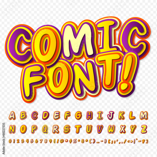 Creative yellow - purple comic font. Alphabet, comics, pop art.