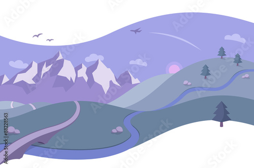 Landscape Illustration with Mountain Sunrise - a simple and beautiful landscape scene with. rolling hills, a mountain range, soaring birds and a majestic sunrise. 