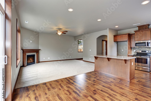 New unfurnished living room with fireplace.