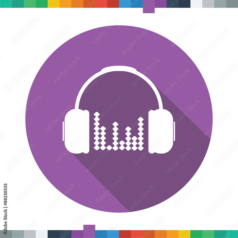 Flat headphones icon with sound wave beats in a circle with a long shadow. Flat headphones icon with sound wave beats in a circle with a long shadow.