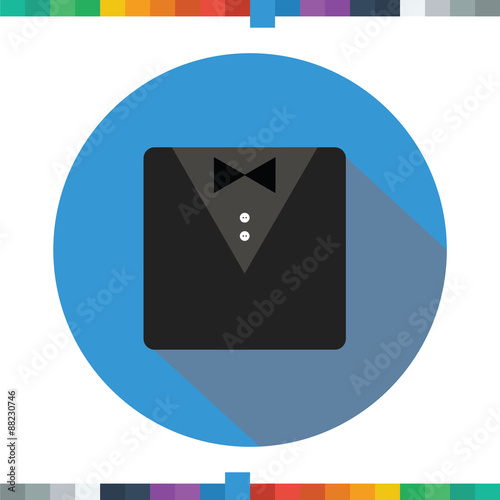 Flat black tuxedo and bow tie icon in a circle with a long shadow.