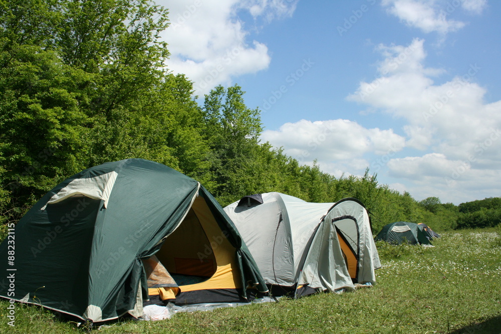 tourist tents in forest at campsite