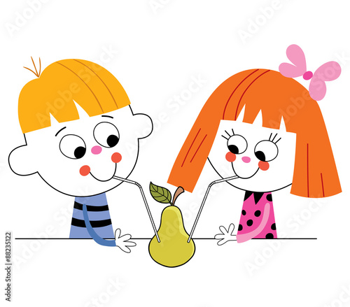 little boy and girl drinking pear juice