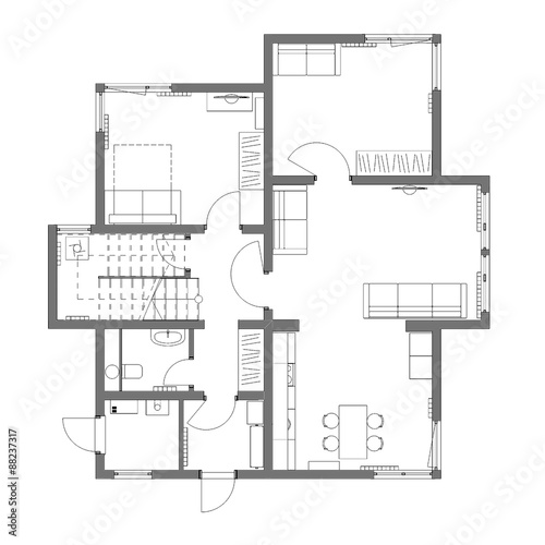 The draft plan of arrangement of all furniture, architect plan, black-and-white,  for two-storeyed house, ground floor
