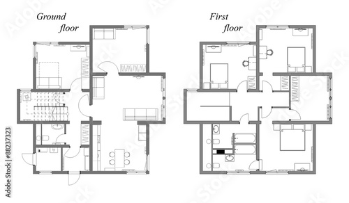 The draft plan of arrangement of all furniture, architect plan, black-and-white,  for two-storeyed house, ground and first floor