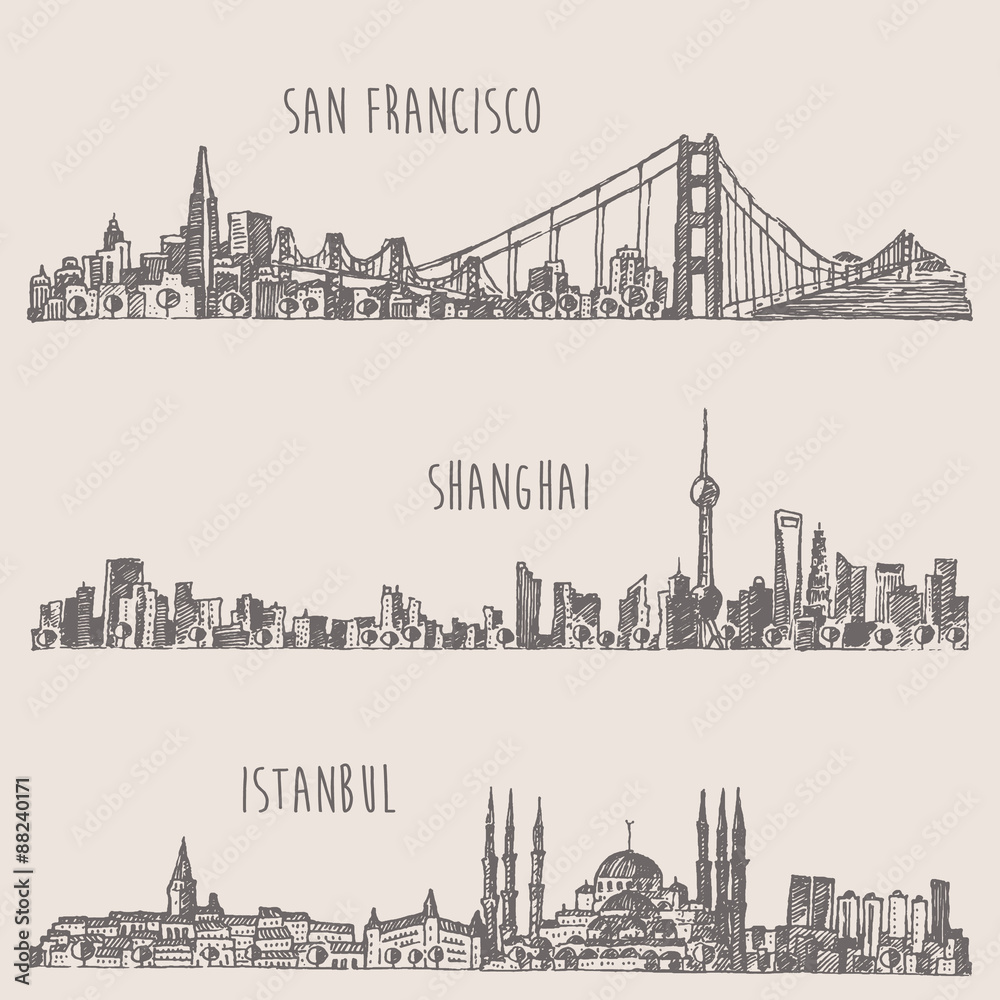 Shanghai Istanbul San Francisco city sketch
