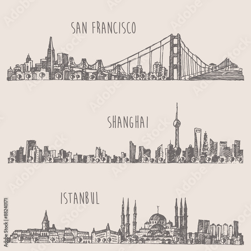 Shanghai Istanbul San Francisco city sketch