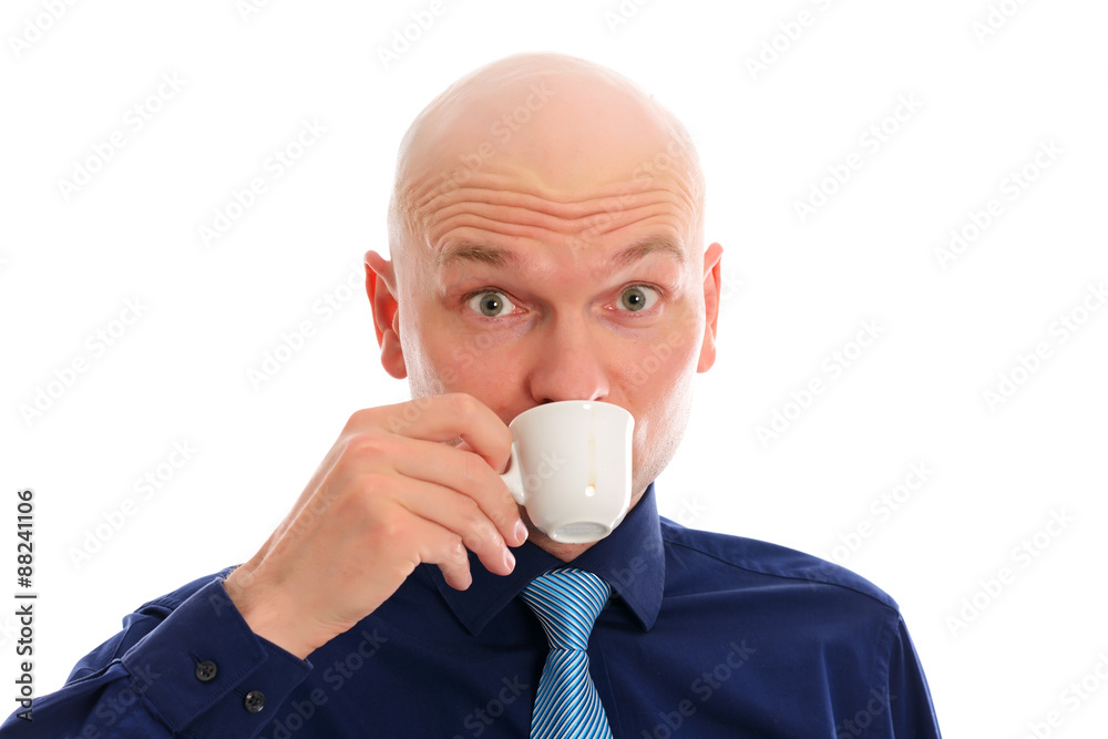 young man with bald head drinking espresso young man with bald head drinking espresso