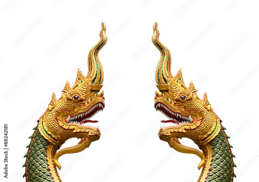 Fototapeta premium serpent king or king of naga statue in thai temple isolated on w
