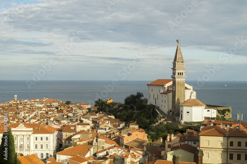 Panoramic view of adriatic sea and city of Piran in Istria, Slovenia 