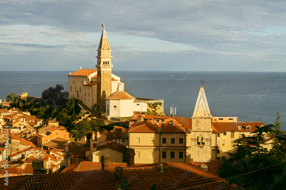 Panoramic view of adriatic sea and city of Piran in Istria, Slovenia 