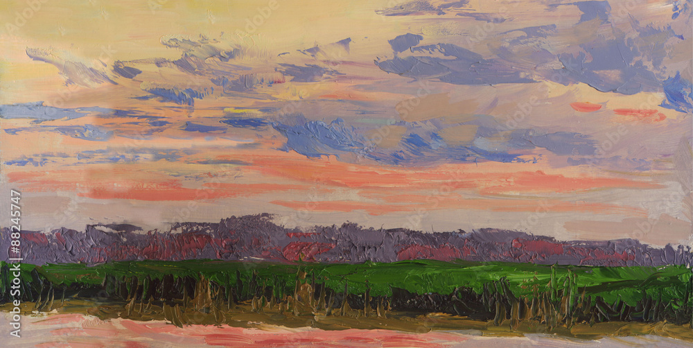 Fototapeta premium Summer sunset. Evening landscape. Oil painting