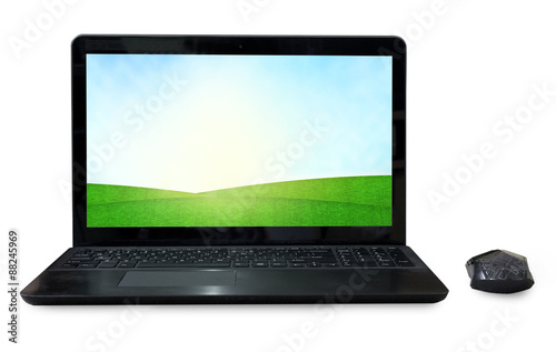 Black Labtop with mouse bluetooth isolated white background.