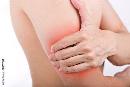 Close up male arm pain isolated white background.