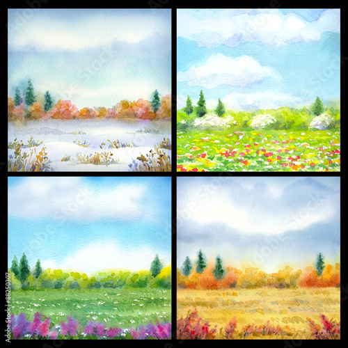 Steppe in different seasons. Watercolor landscape