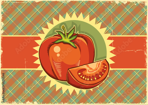 Red tomatos.Vintage label background on old paper