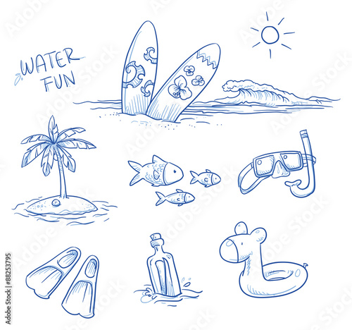 Icon set summer beach holidays, vacation with surboard, palm tree, fish, swimming toy, snorkel, flippers and message in a bottle. Hand drawn doodle vector illustration.