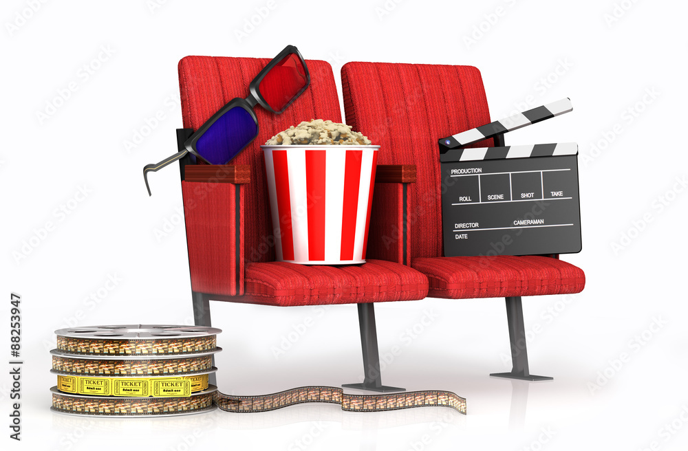 Naklejka premium 3D Glasses, ppcorn, clapper on cinems chairs
