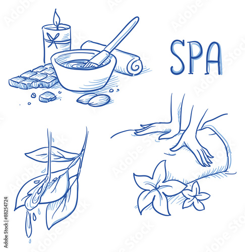 Icon item set wellness, spa, with massage hands, flowers, leafs ans water, chocolate treatment, towel and candle. Hand drawn doodle vector illustration.