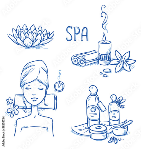 Icon item set wellness, spa, with relaxing woman, lotus flower, candle, cream and oil bottles, leafs and flowers. Hand drawn doodle vector illustration. #88254734