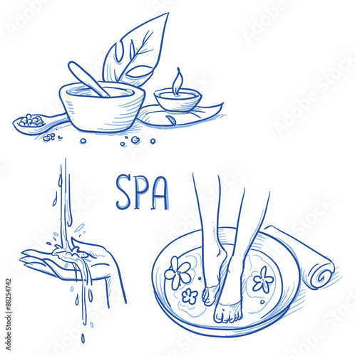 Icon item set wellness, spa, with footbath, treatment cream and salt, leafs, candle, hand and water. Hand drawn doodle vector illustration.