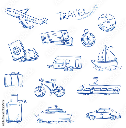 Icon set travel holidays, vacation with plane, car, train, bike, ship, compass, luggage, trailer, passport, globe, tickets. Hand drawn doodle vector illustration.