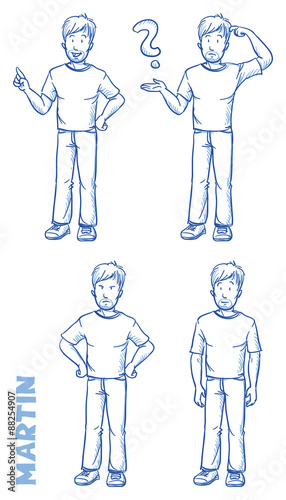 Casual man illustration in different emotions and poses, angry, happy, thoughtful, clueless, hand drawn sketch - Martin part 2