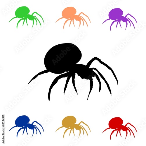 Seven spiders of different colors on a white background