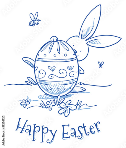 Funny Easter Bunny hiding behind easter egg, flower egg decoration, pattern. Hand drawn vector illustration.