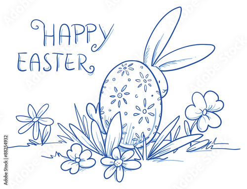 Cute Easter Bunny hiding behind easter egg, flower egg decoration, pattern. Hand drawn vector illustration.