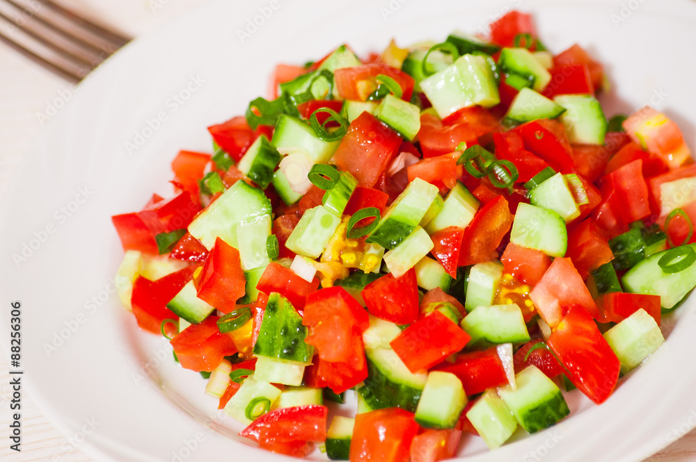 fresh vegetable salad with tomato, cucumber and green onion fresh vegetable salad with tomato, cucumber and green onion