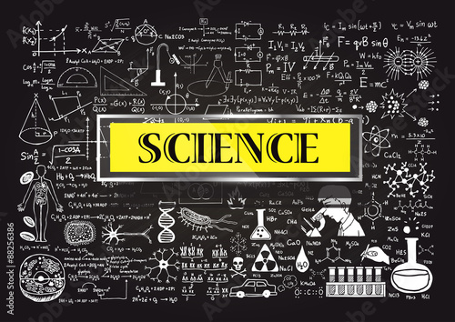 Hand drawn about Mathematics on chalkboard with the world SCIENCE in transparent frame with yellow background