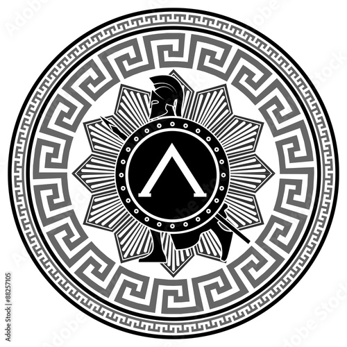 Canvas Print label with the Greek pattern. silhouette of the Spartan soldier