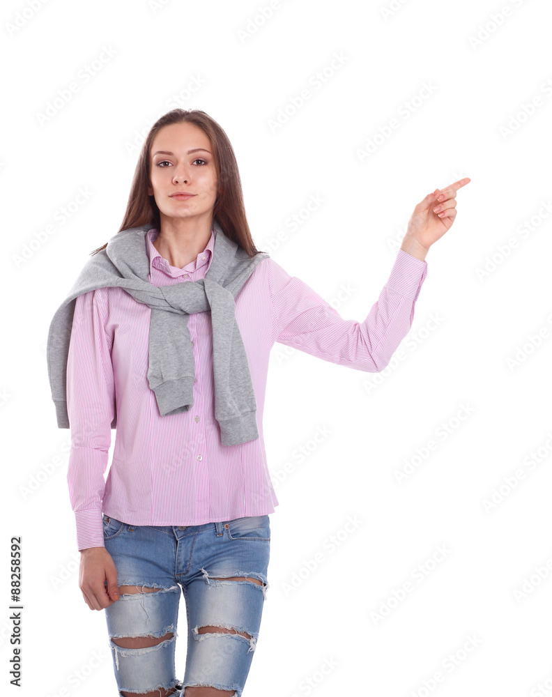 Young woman pointing up with forefinger, isolated on white Young woman pointing up with forefinger, isolated on white