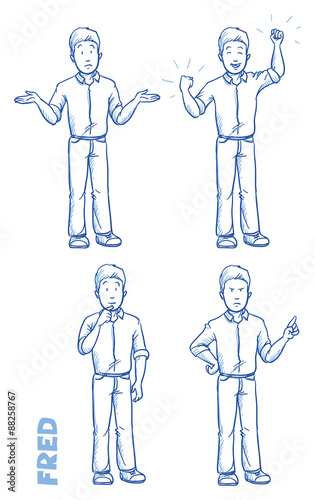 Casual man illustration in different emotions and poses, angry, happy, thoughtful, clueless, hand drawn sketch - Fred part 1