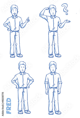 Casual man illustration in different emotions and poses, angry, happy, thoughtful, clueless, hand drawn sketch - Fred part 2