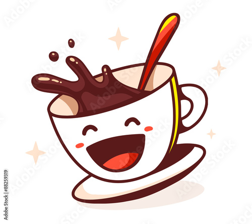 Vector illustration of laughing cup of coffee with spoon on whit
