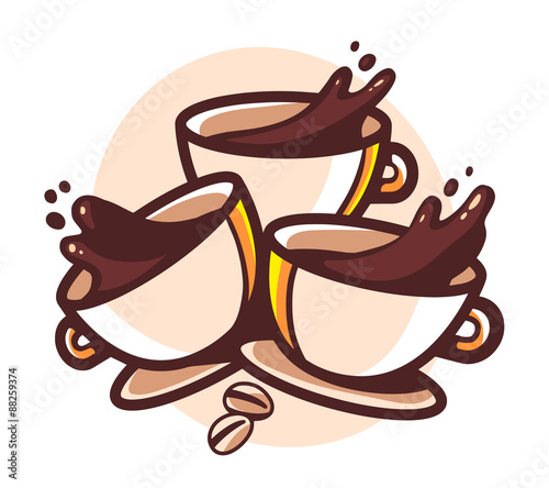 Vector illustration of three cups of coffee with splashes on whi