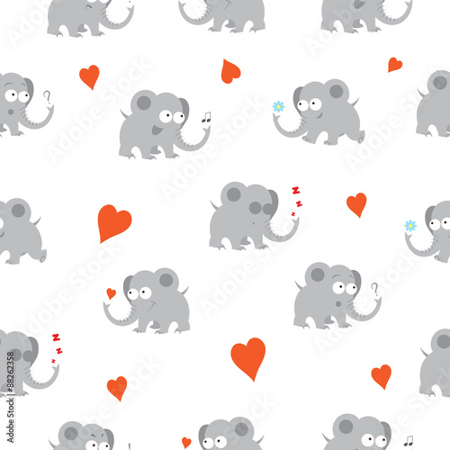 Seamless pattern with cute cartoon elephants and hearts on a white background.