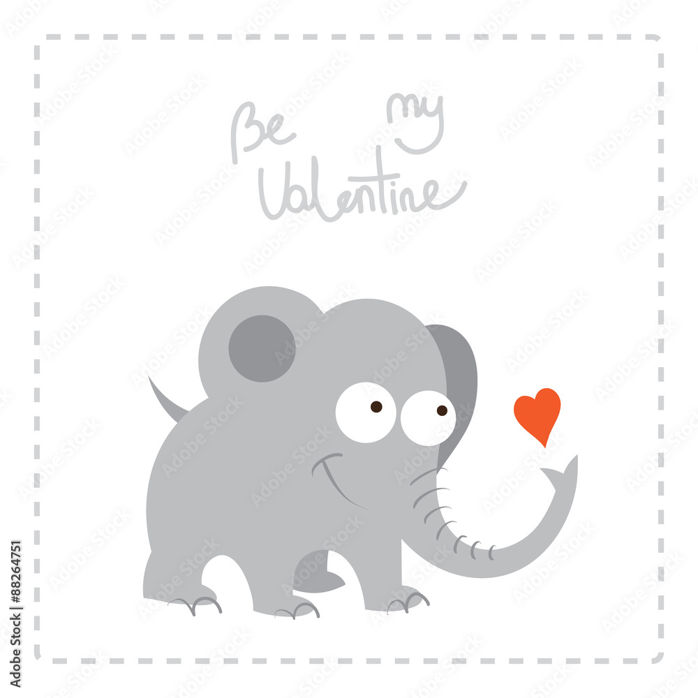 Valentine's Day card with cute cartoon elephant and a heart.