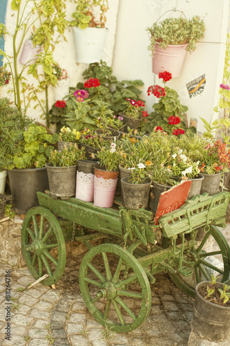 Flower pots on green wagon