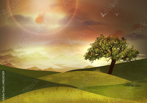 Rural Summer Landscape With Fields and Hills - Vector Illustration