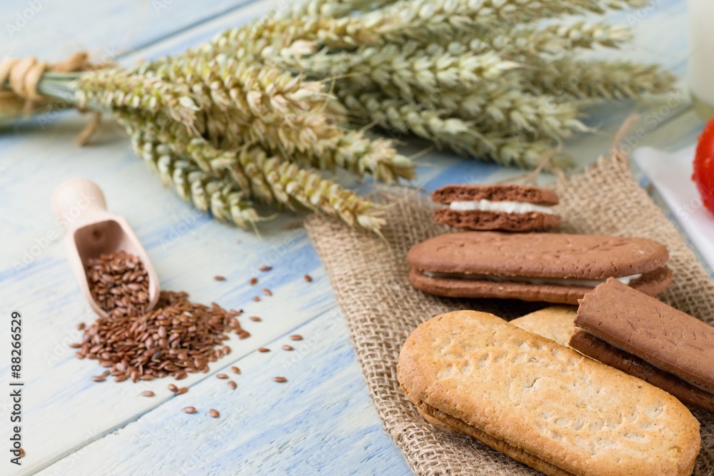 Several whole wheat biscuits on burlap Several whole wheat biscuits on burlap