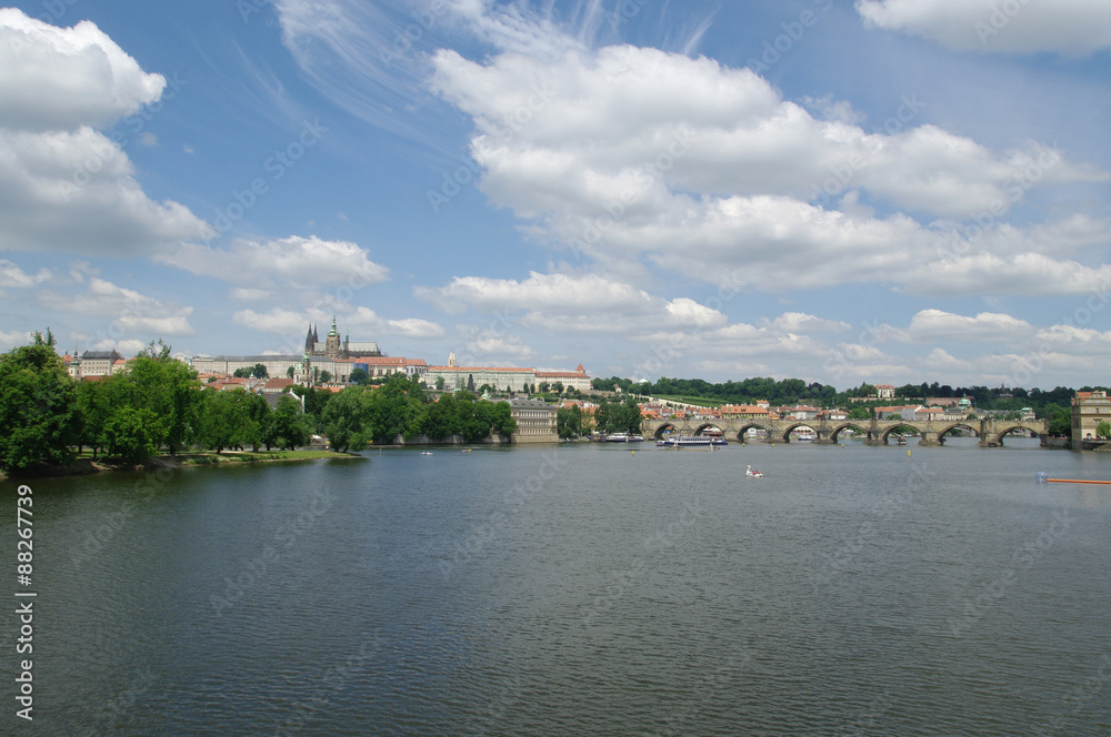 View of the Old Town and Charles Bridge over Vltava river in Prague, Czech Republic