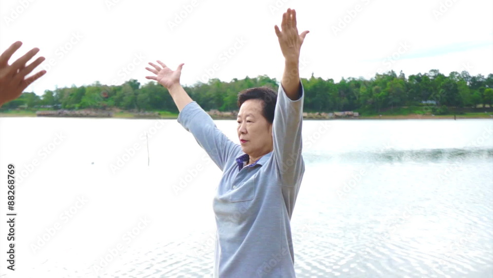 Video of Asian Senior Elderly couple Practice Taichi, Qi Gong exercise outdoor next to the lake