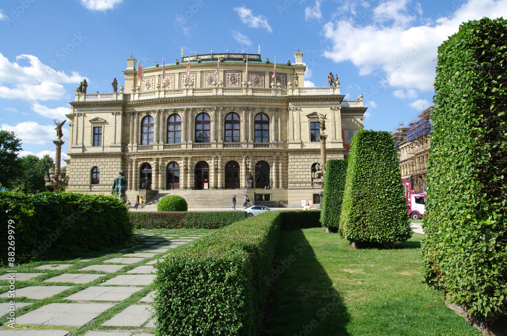 Beautiful neo-renaissance building Rudolfiunum on Jan Palach Square in Prague