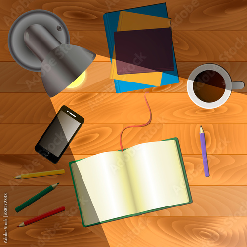 Vector illustration of wooden table with books, cup of coffee