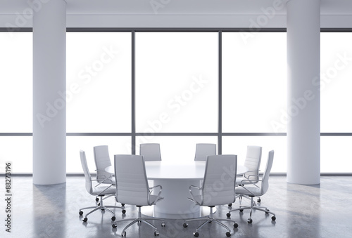 Panoramic conference room in modern office, copy space view from the windows. White chairs and a white round table. 3D rendering.