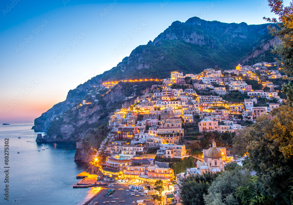 Sun set view of Positano village at Amalfi Coast, Italy.